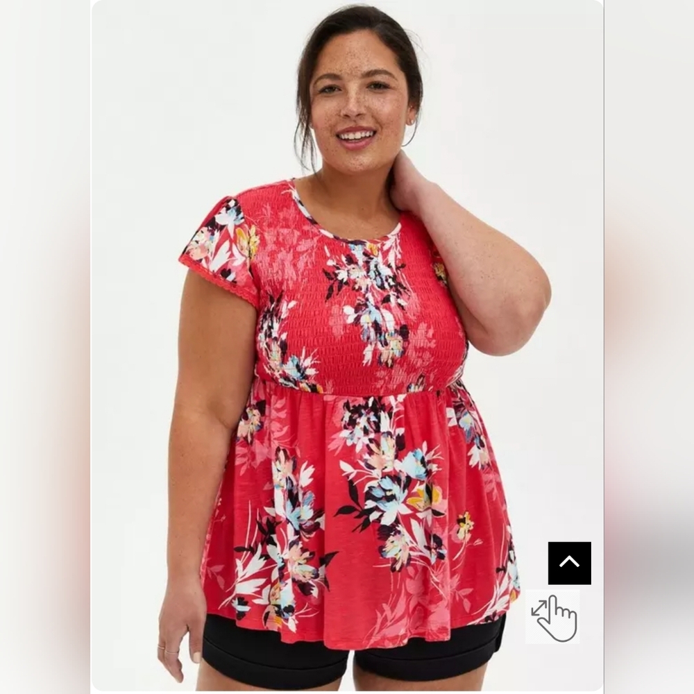 Torrid Babydoll Cotton Crew Neck Smocked Bodice Top Size 00 (10)